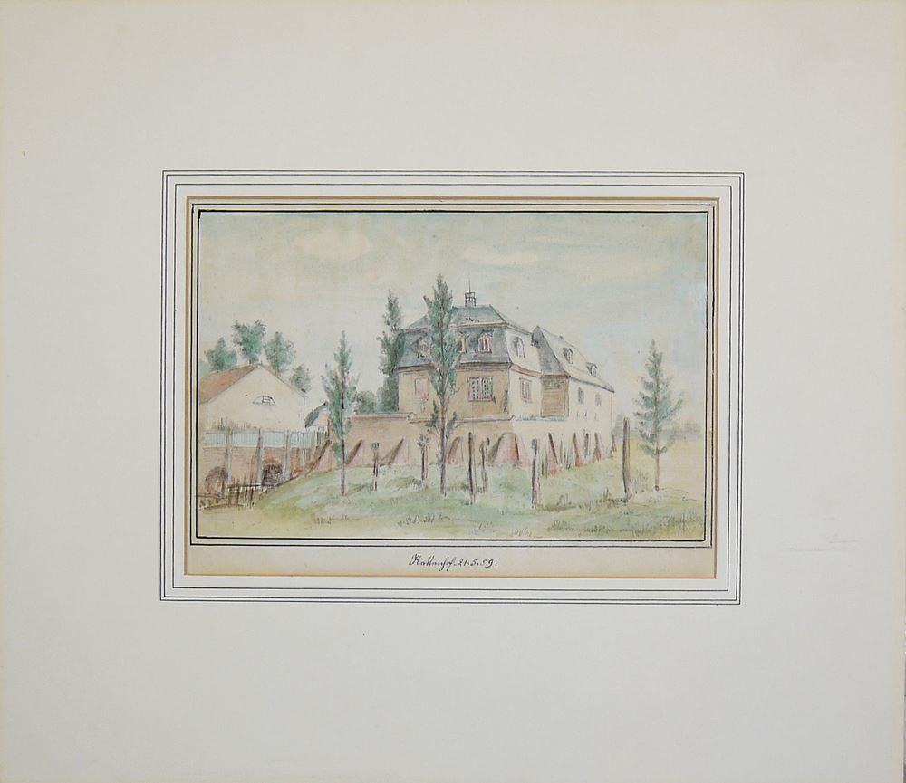 0712-Kronberger Malerkolonie: 3 frühe Arbeiten des 19. Jhs.: Friedrich Hoff, "Offenbacher Jagdgesellschaft" & "Kühhornshof bei Ffm", Zeichnung & Aquarell sowie Friedrich Eugen Peipers, "Kühhornshof bei Ffm", Aquarell, 2 x gerahmt – Bild 2