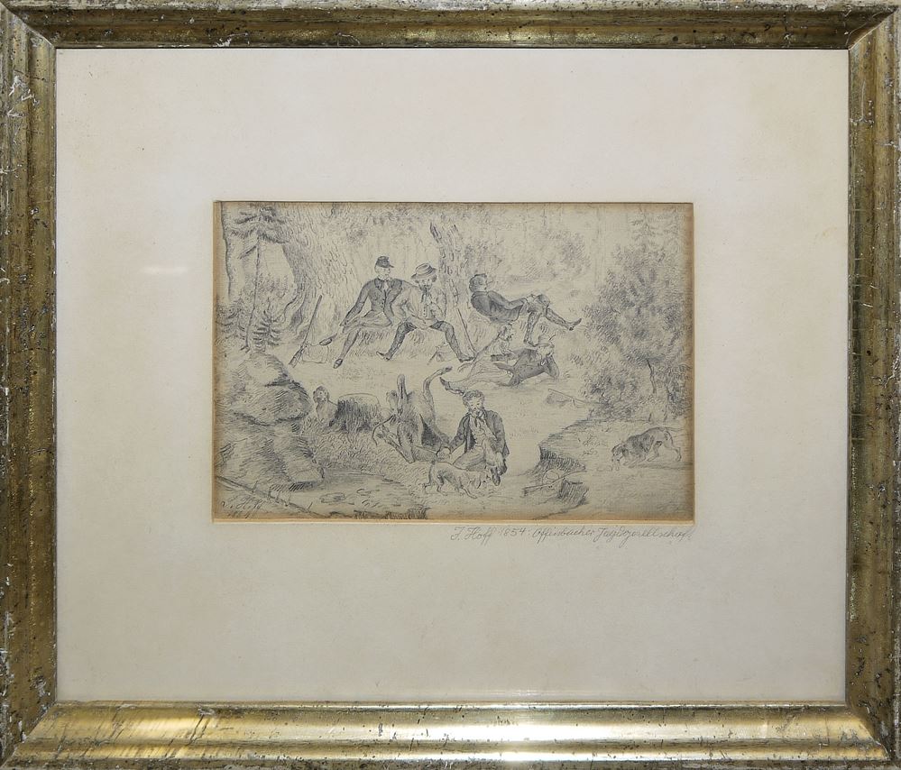 0712-Kronberger Malerkolonie: 3 frühe Arbeiten des 19. Jhs.: Friedrich Hoff, "Offenbacher Jagdgesellschaft" & "Kühhornshof bei Ffm", Zeichnung & Aquarell sowie Friedrich Eugen Peipers, "Kühhornshof bei Ffm", Aquarell, 2 x gerahmt – Bild 4