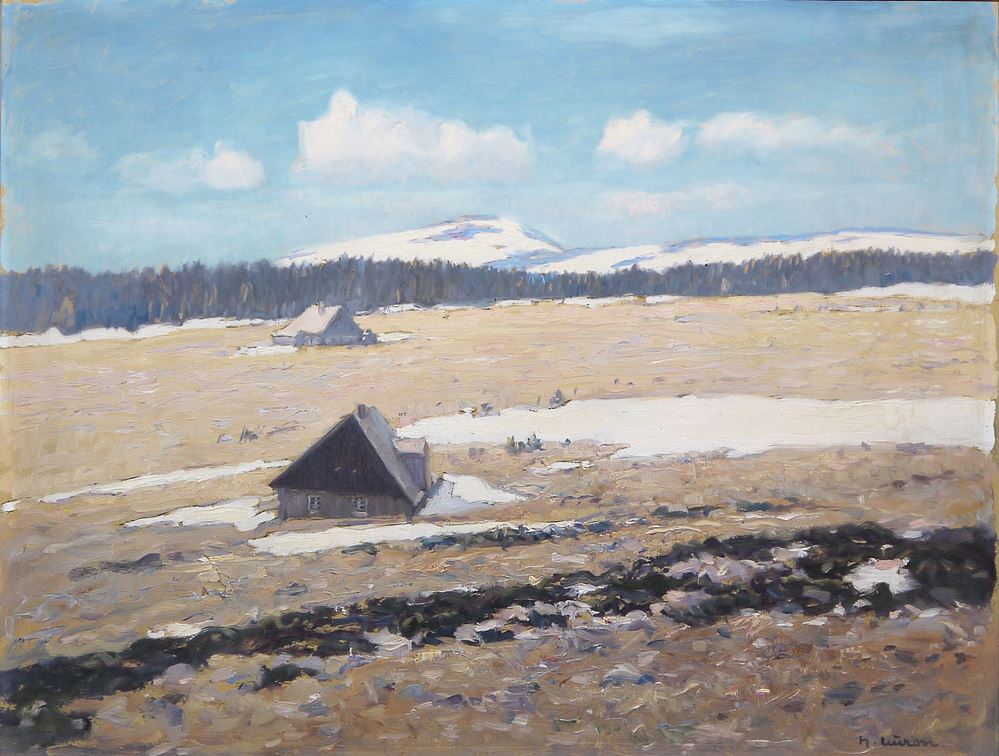 0714-Herbert Kuron, Vorfrühling im Riesengebirge "Die Spindlerdauben" (Špindlerova bouda) mit Blick auf die Schneekoppe, Ölgemälde um 1920, im Goldstuckrahmen – Bild 2