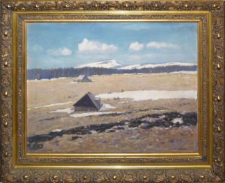 0714-Herbert Kuron, Vorfrühling im Riesengebirge "Die Spindlerdauben" (Špindlerova bouda) mit Blick auf die Schneekoppe, Ölgemälde um 1920, im Goldstuckrahmen