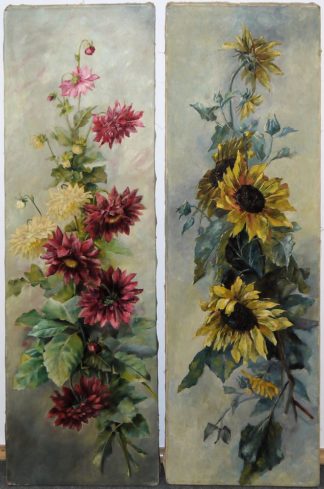 0727-Eugène Petit, zugeschr., Sonnenblumen und Dahlien, Gegenstücke, 2 Ölgemälde