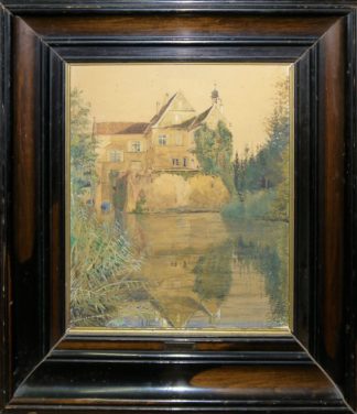 0735-Viktor Roman, Haus am Gewässer, signiertes Aquarell, gerahmt