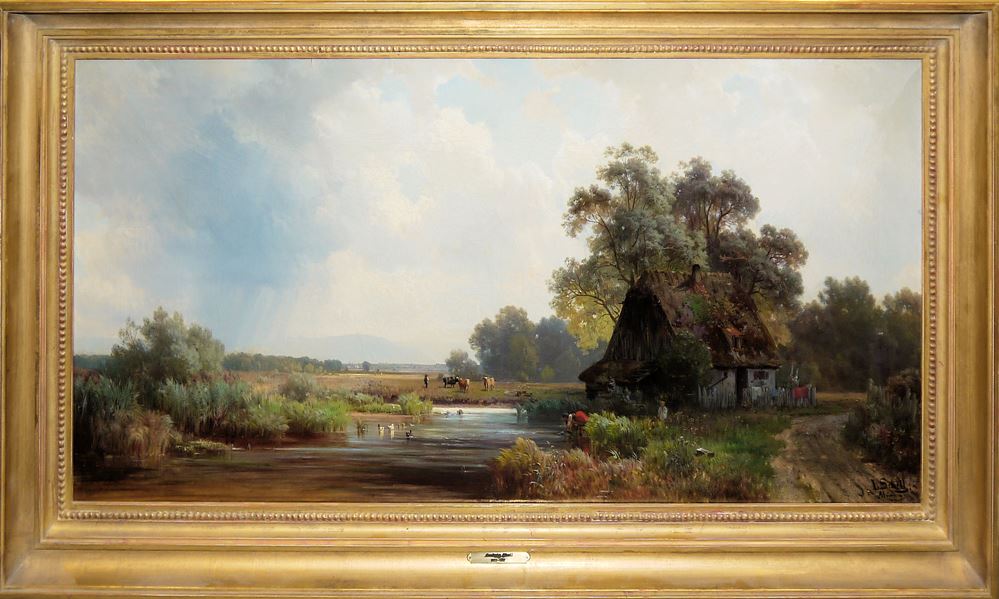 0743-Ludwig Sckell, Bayerische Moorlandschaft mit Menschen und Tieren an einem Bauernhaus, Ölgemälde, gerahmt – Bild 2