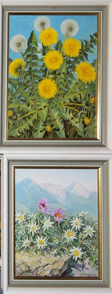 0752-Joseph Vietze, 4 x Edelweiß, Enzian & Alpenblumen, 4 kleinformatigere Ölgemälde, alle gerahmt – Bild 2
