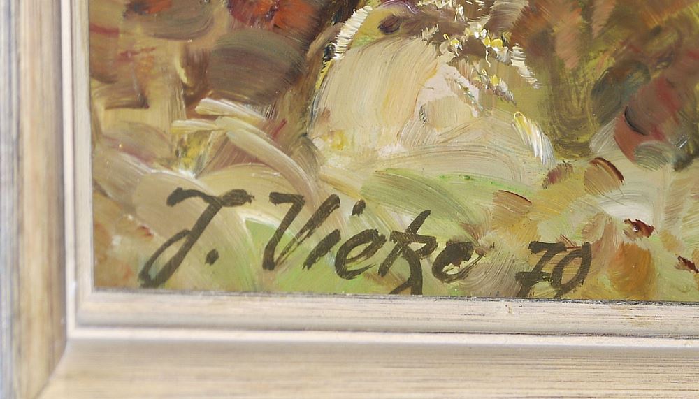 0758-Joseph Vietze, Stillleben mit Bier und Forellen & Herbstwald, zwei Ölgemälde, gerahmt – Bild 2