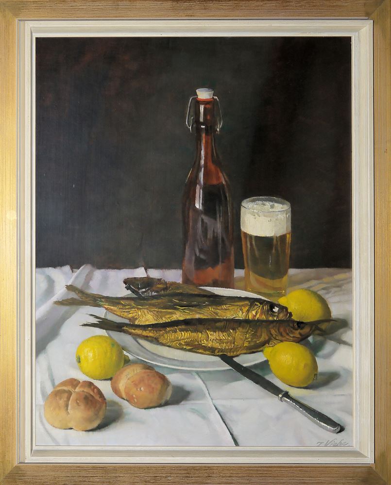 0758-Joseph Vietze, Stillleben mit Bier und Forellen & Herbstwald, zwei Ölgemälde, gerahmt – Bild 3
