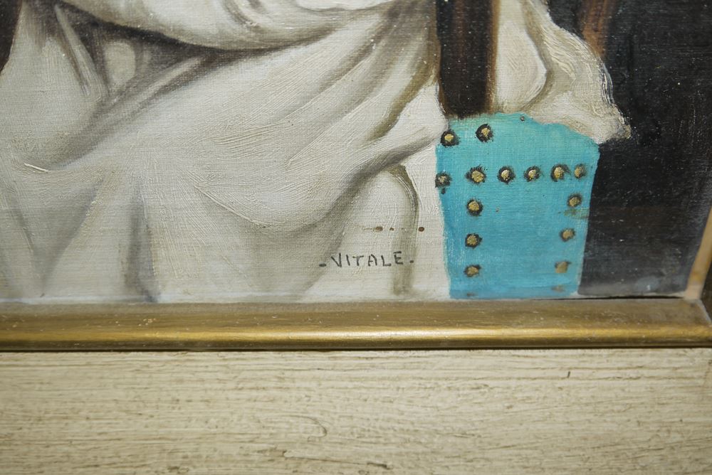 0761-Carlo Vitale, zugeschr., Bäuerin übergibt einem Mönch zwei Hühner, Ölgemälde, gerahmt – Bild 3