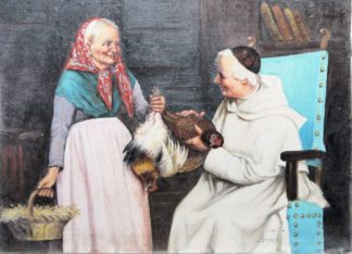 0761-Carlo Vitale, zugeschr., Bäuerin übergibt einem Mönch zwei Hühner, Ölgemälde, gerahmt