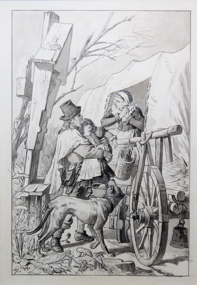 0762-Konrad Weigand, Historische Erzählungen: Fahrendes Volk und Der Ritter, 2 lavierte Federzeichnungen – Bild 2