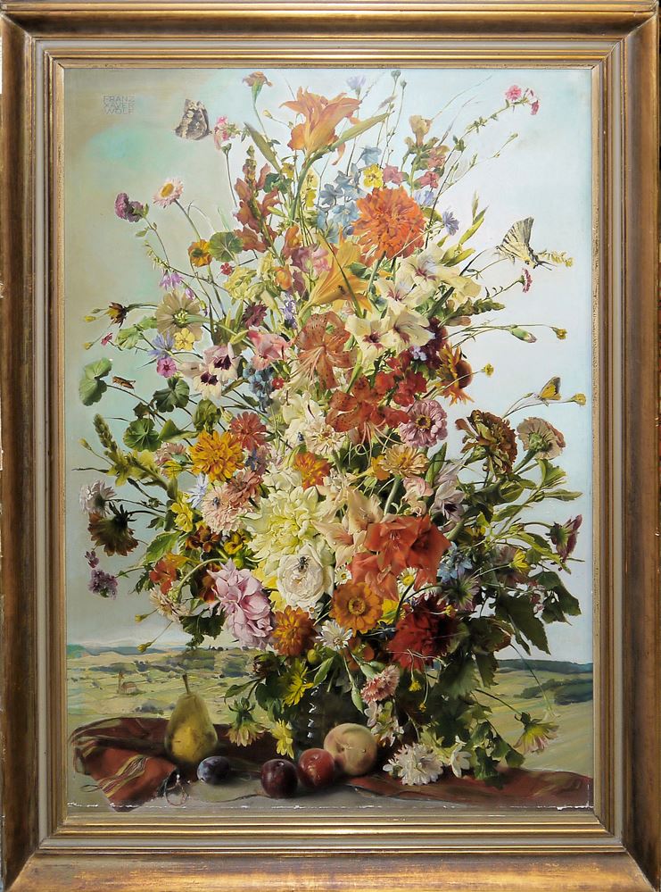 0765-Franz Xaver Wolf, Prächtiges Blumenstillleben mit Insekten, Ölgemälde, gerahmt – Bild 2