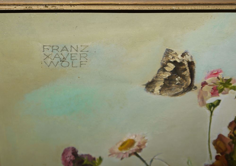 0765-Franz Xaver Wolf, Prächtiges Blumenstillleben mit Insekten, Ölgemälde, gerahmt – Bild 3