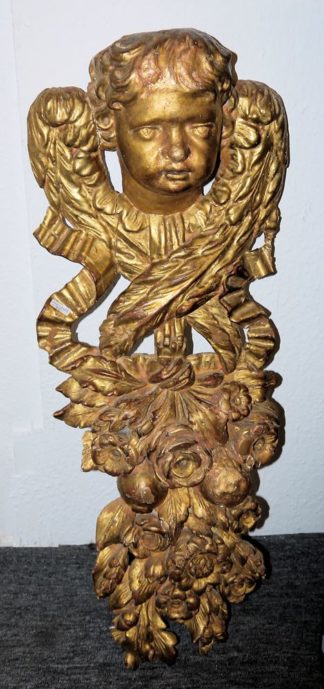 0783-Barockes Wandrelief mit Engelskopf und Pflanzenpotpourri, süddeutsch um 1750, H 80cm