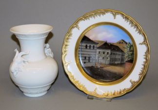 0863-Veduten-Teller und Widderkopf-Vase, KPM Berlin 19./ 20. Jh.