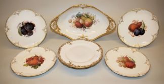 0868-Porzellan-Obstschale und 4 Obstteller, KPM & gefußter Teller, Pirkenhammer um 1900