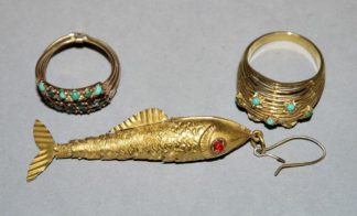 0975-3 x orientalischer Schmuck: Fisch-Anhänger, Türkis-Ring & Harems-Ring, Gold