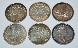 1100-Sechs Silbermünzen Kanada Maple Leaf 1999 russische Rubel, Russisches Ballett 1993