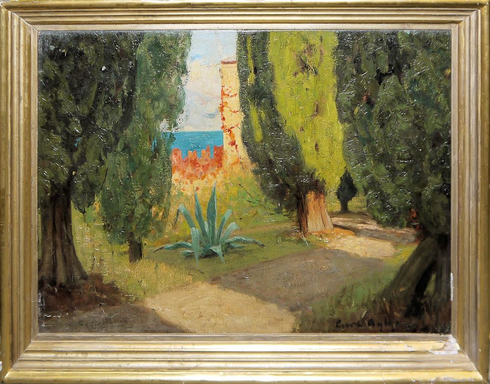 0008-Curt Agthe, „Im Park von San Vigilio Garda See“, Ölgemälde um 1910/20, alt gerahmt