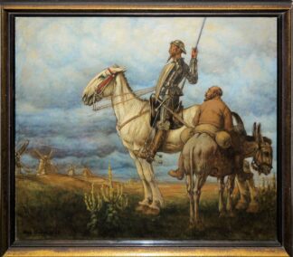 0034-Carl Baum, Don Quijote und Sancho Panza entdecken auf einer Ebene in la Mancha Dutzende Windmühlen, neusachliches Ölgemälde von 1928, im Originalrahmen