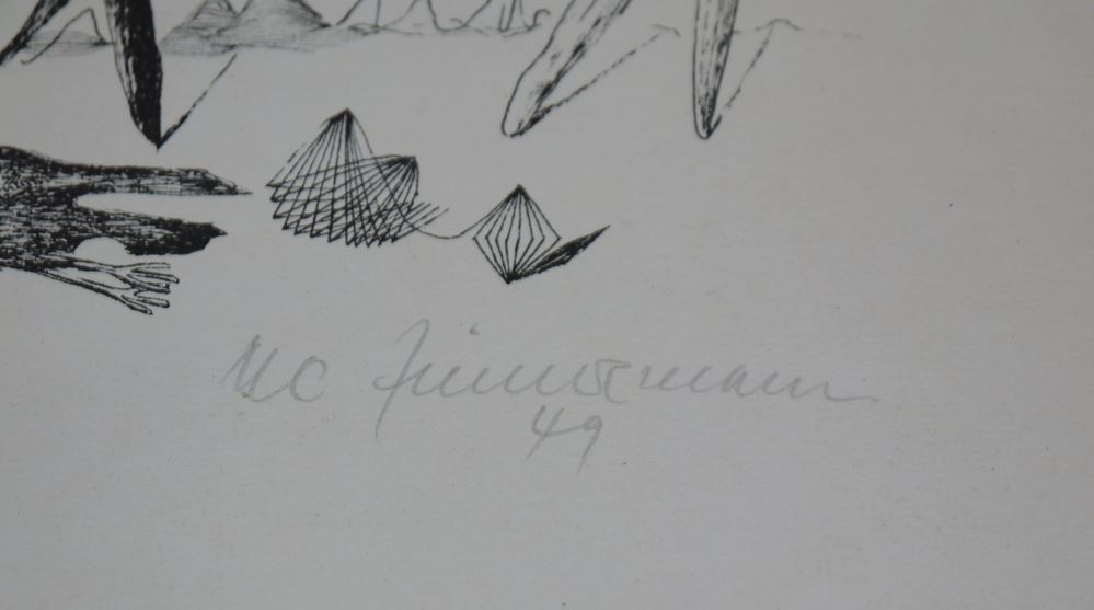 0040-Hans Bellmer, "Les Infortunes de la Vertu", Farbradierung von 1968 & Mac Zimmermann, "Im Schatten der Großen Ruinen", signierte Lithographie von 1949 sowie o.T., signierte Lithographie, 3 Arbeiten – Bild 5