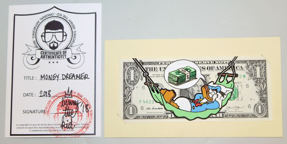 0041-Benny The Kid, "Money Dreamer", Street Art, bemalte Dollarnote von 2018, mit Zertifikat – Bild 2