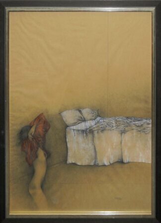 0063-Bruno Bruni, Weiblicher Akt im Schlafzimmer, aquarellierte Zeichnung von 1974, gerahmt