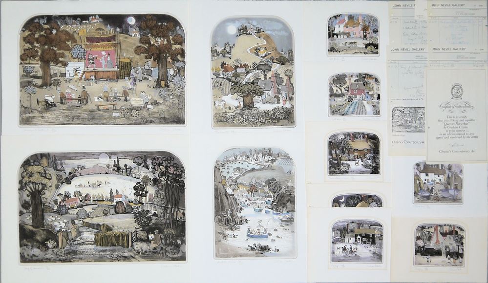 0079-Graham Clarke, English Cottages, villages & stories, Sammlungsnachlass mit 11 sign. Farbradierungen, dazu ein Kuvert mit Originalrechnungen & Schriftverkehr der 1970/80er Jahre - Image 3