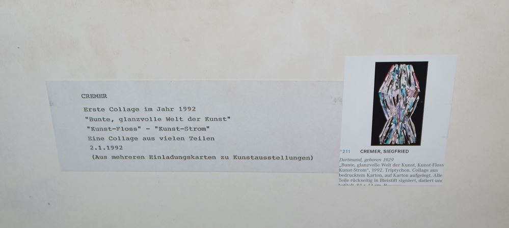 0081-Siegfried Cremer, "Bunte, glanzvolle Welt der Kunst - Kunst-Floss - Kunst-Strom", Triptychon, 3 teilige Collage von 1991/92, je gerahmt - Image 2