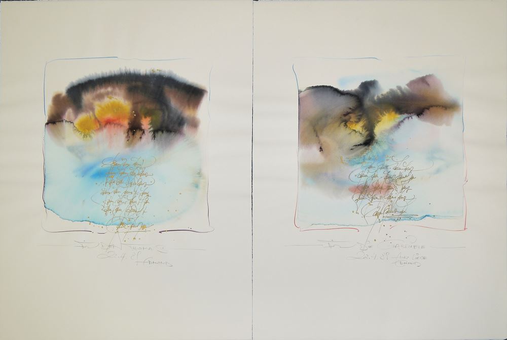 0098-Edmond Dembinski, Verträumte Kompositionen, 2 Aquarelle und eine Farblithographie von 1989/92 – Bild 2