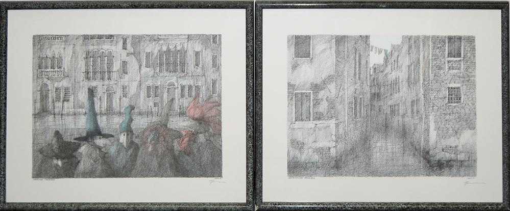 0138-Paul Flora, " Zwei Bajazzi", "Tango Notturno", "Carnevale Veneziano", "Venezianische Tristezza", 4 sign. Radierungen & 5 Offset-Lithographien von 1980-92, gerahmt – Bild 3