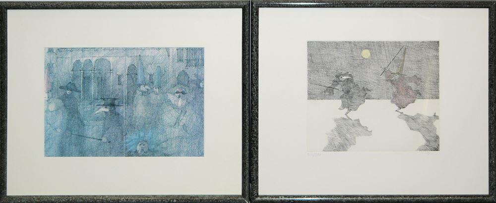 0138-Paul Flora, " Zwei Bajazzi", "Tango Notturno", "Carnevale Veneziano", "Venezianische Tristezza", 4 sign. Radierungen & 5 Offset-Lithographien von 1980-92, gerahmt – Bild 4