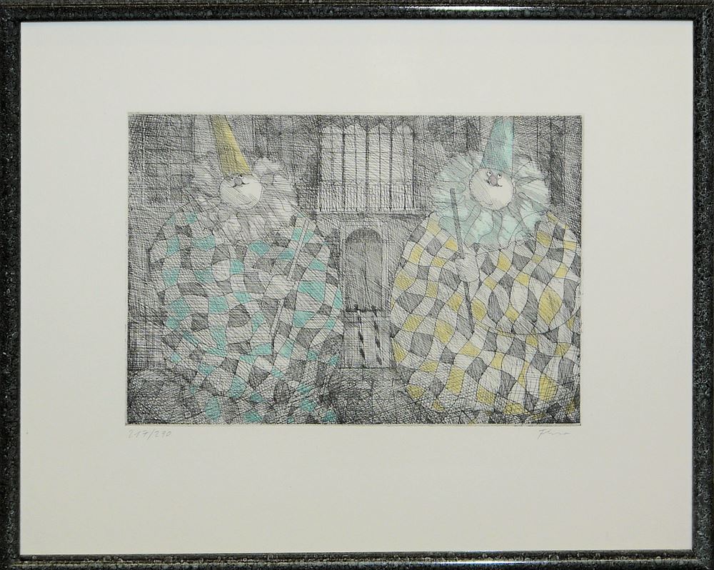 0138-Paul Flora, " Zwei Bajazzi", "Tango Notturno", "Carnevale Veneziano", "Venezianische Tristezza", 4 sign. Radierungen & 5 Offset-Lithographien von 1980-92, gerahmt – Bild 5