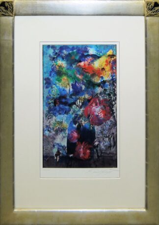0142-Ernst Fuchs, Bunter Blumenstrauß in blauer Vase, sign. Farbsiebdruck im Unikatrahmen