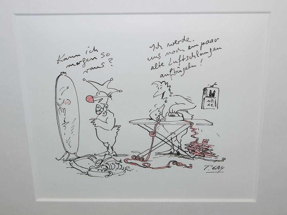 0151-Peter Gayman, Hühner-Cartoons, 2 Aquarelle und 2 Tuschezeichnungen, gerahmt – Bild 2