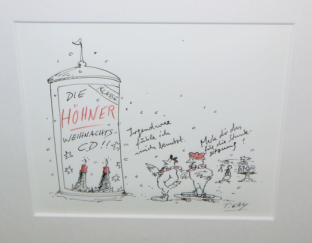 0151-Peter Gayman, Hühner-Cartoons, 2 Aquarelle und 2 Tuschezeichnungen, gerahmt – Bild 3