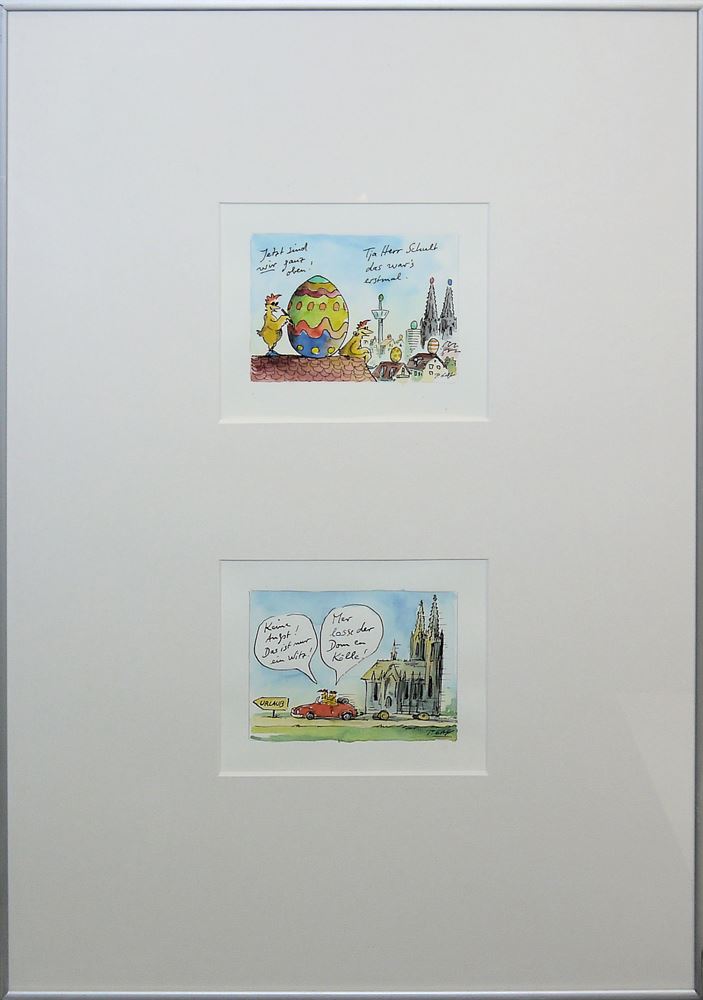 0151-Peter Gayman, Hühner-Cartoons, 2 Aquarelle und 2 Tuschezeichnungen, gerahmt – Bild 4
