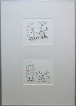 0151-Peter Gayman, Hühner-Cartoons, 2 Aquarelle und 2 Tuschezeichnungen, gerahmt