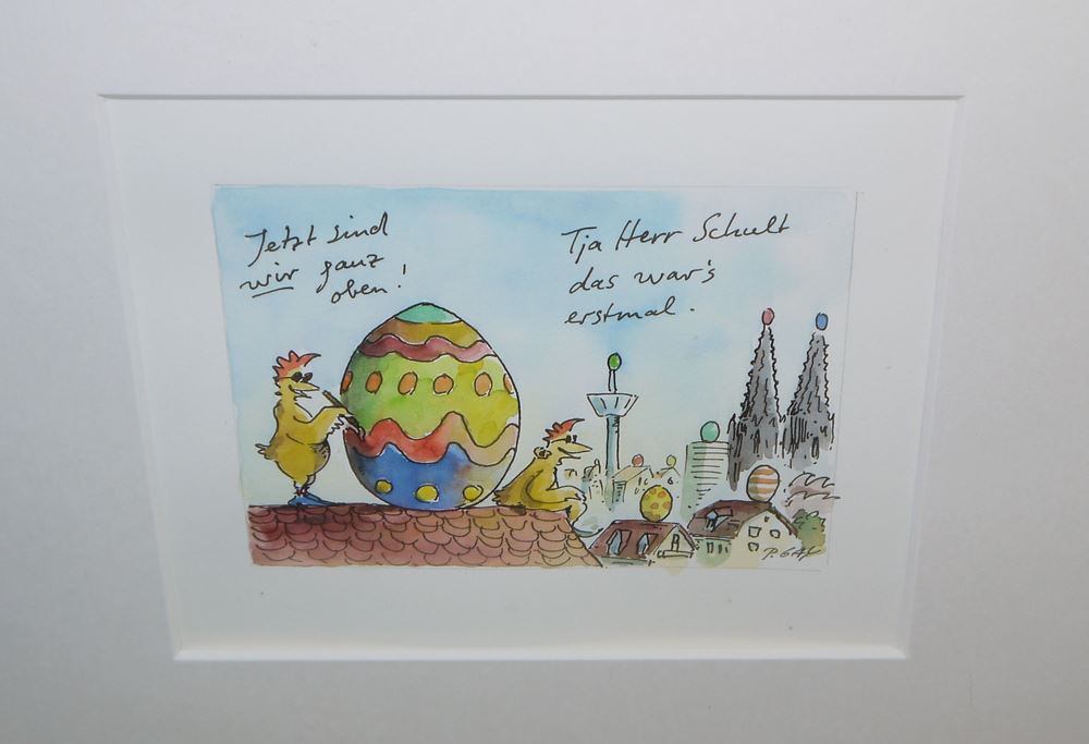 0151-Peter Gayman, Hühner-Cartoons, 2 Aquarelle und 2 Tuschezeichnungen, gerahmt – Bild 5