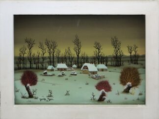 0157-Josip Generalić, "Seoce zimi" - ein kleines Dorf im Winter, Hinterglasgemälde von 1975, im originalen, weißen Holzrahmen