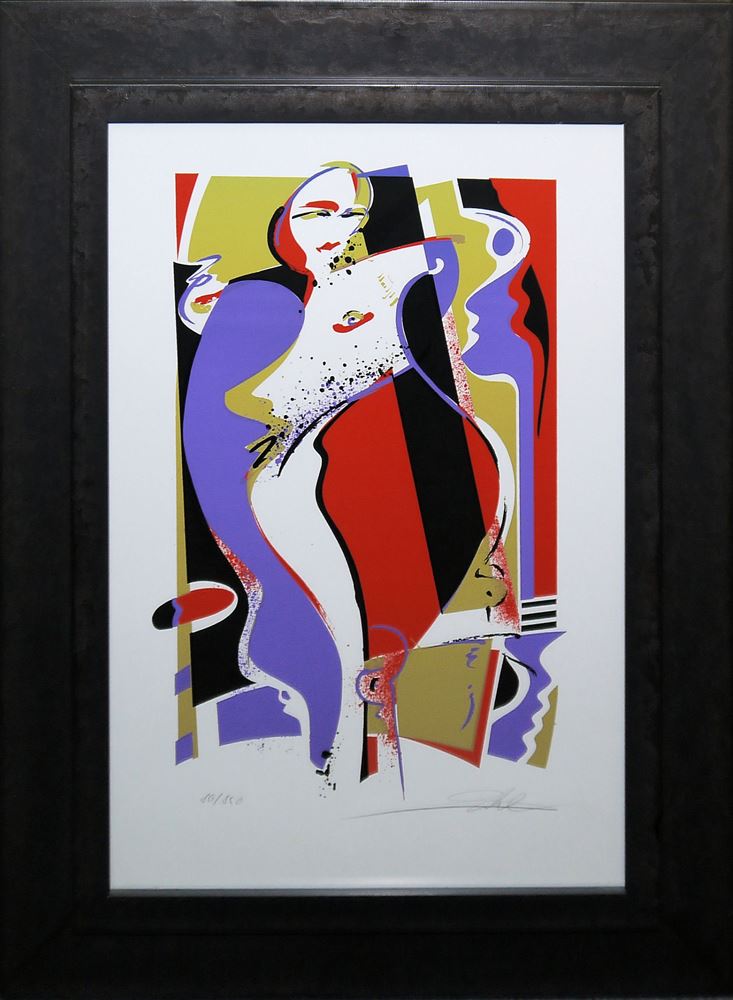 0164-Alfred Gockel, Picasso-eske Frau, Papageien & Elefanten, 3 sign. Farbsiebdrucke, alle in gleicher Galerierahmung – Bild 2