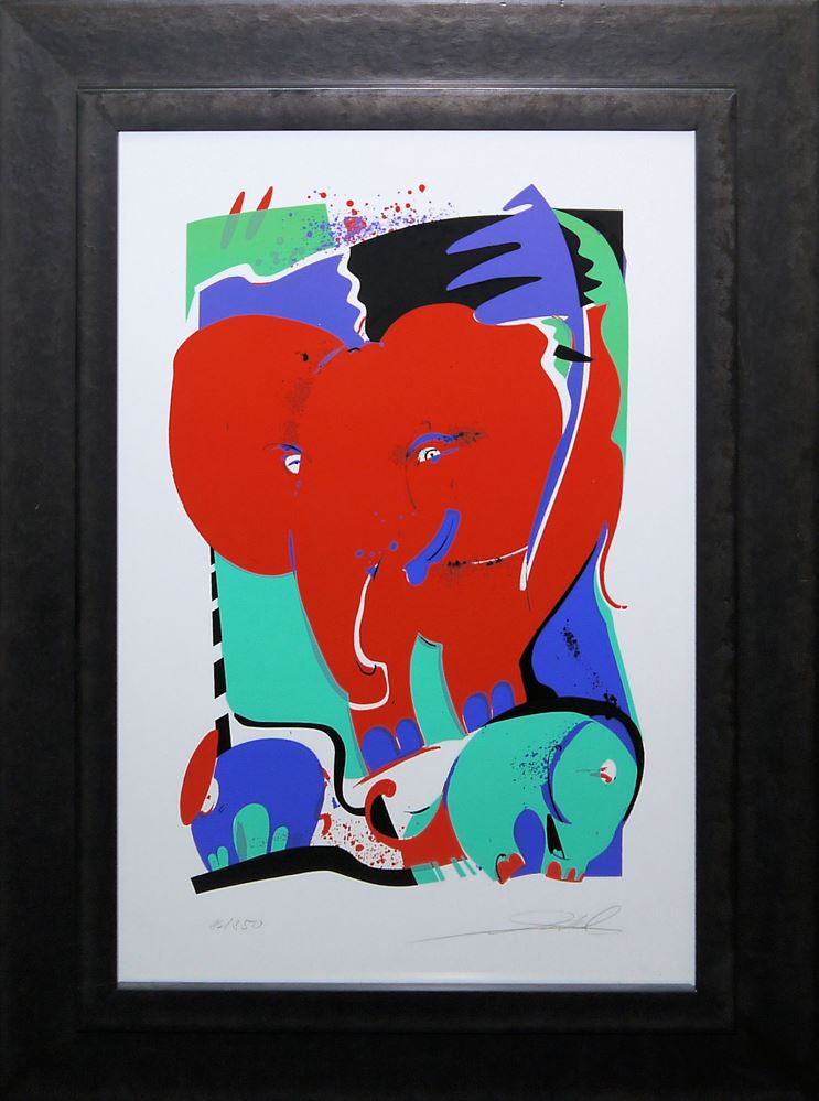 0164-Alfred Gockel, Picasso-eske Frau, Papageien & Elefanten, 3 sign. Farbsiebdrucke, alle in gleicher Galerierahmung – Bild 3