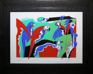 0164-Alfred Gockel, Picasso-eske Frau, Papageien & Elefanten, 3 sign. Farbsiebdrucke, alle in gleicher Galerierahmung