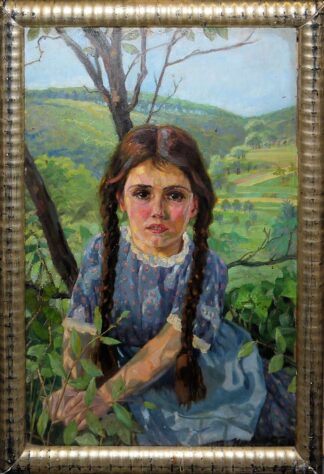 0172-Herbert Grass, Mädchen mit langen Zöpfen, Ölgemälde von 1918, im Originalrahmen