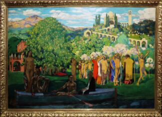 0196-Otto Hettner, "Frühlingsfest", Eitempera, großformatiges, impressionistisches Hauptwerk von 1905, ausgestellt bei der Berliner Secession 1906 und Im Kunstsalon Emil Richter, Dresden, im originalen Goldstuckrahmen. Wiederentdeckung aus altem badischem Privatbesitz, beil. Kopie des Kataloges der elften Ausstellung der Berliner Secession mit Beschr. & Foto des Werkes