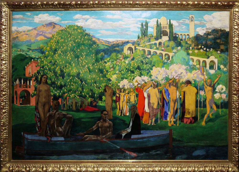 0196-Otto Hettner, „Frühlingsfest“, Eitempera, großformatiges, impressionistisches Hauptwerk von 1905, ausgestellt bei der Berliner Secession 1906 und Im Kunstsalon Emil Richter, Dresden, im originalen Goldstuckrahmen. Wiederentdeckung aus altem badischem Privatbesitz, beil. Kopie des Kataloges der elften Ausstellung der Berliner Secession mit Beschr. & Foto des Werkes