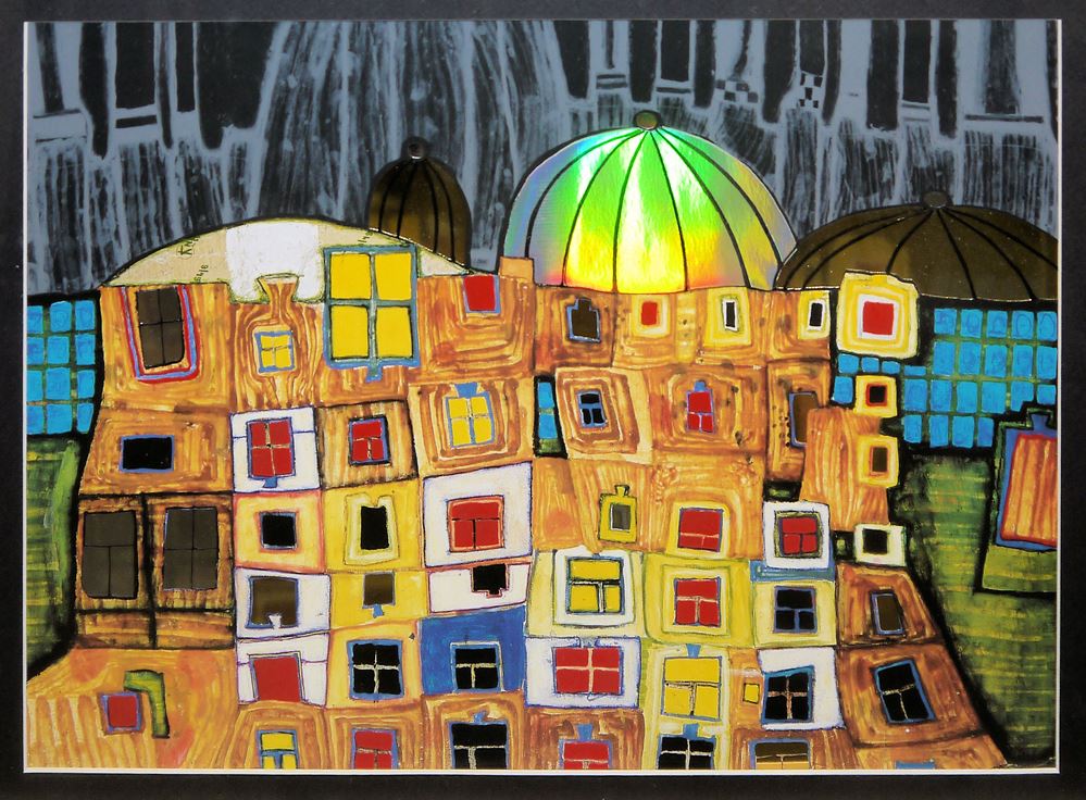 0204-Friedensreich Hundertwasser, "Barbakan Castle in Poland", signierte Farboffsetlithographie, galeriegerahmt – Bild 3