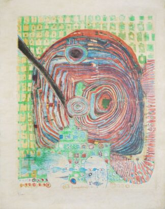 0205-Friedensreich Hundertwasser, "Die Seereise I" , Farbradierung/ Aquatinta von 1967, dazu 3 Viererblocks ungestempelte Hundertwasser- Briefmarken "Cabo Verde" mit Überdrucken (1979/85)