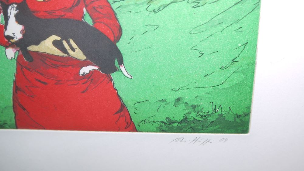 0206-Johannes Hüppi, Frau mit Hund, signierte Farbradierung von 2004, gerahmt – Bild 2