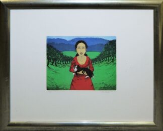 0206-Johannes Hüppi, Frau mit Hund, signierte Farbradierung von 2004, gerahmt