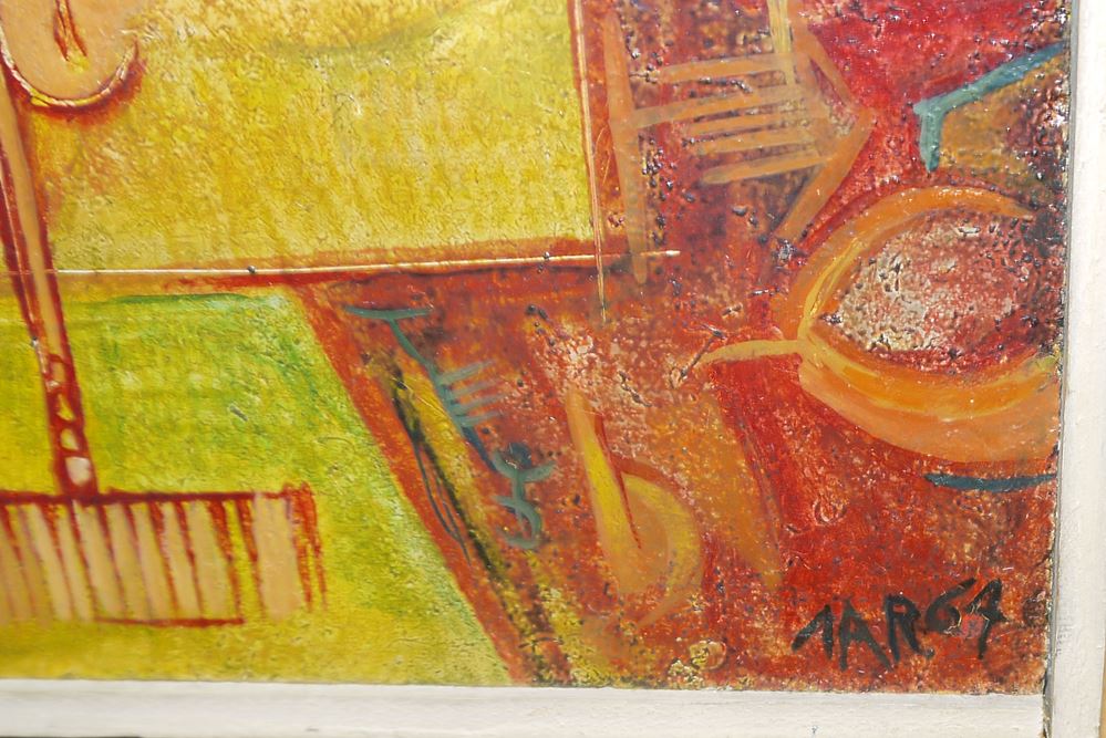 0217-Kleiner Sammlungsnachlass Fritz Jarchow: Interieur, Ölgemälde von 1964 / "Alte Uhr", Mischtechnik von 1965 und Figuren, Tuschezeichnung von 1974 – Bild 2