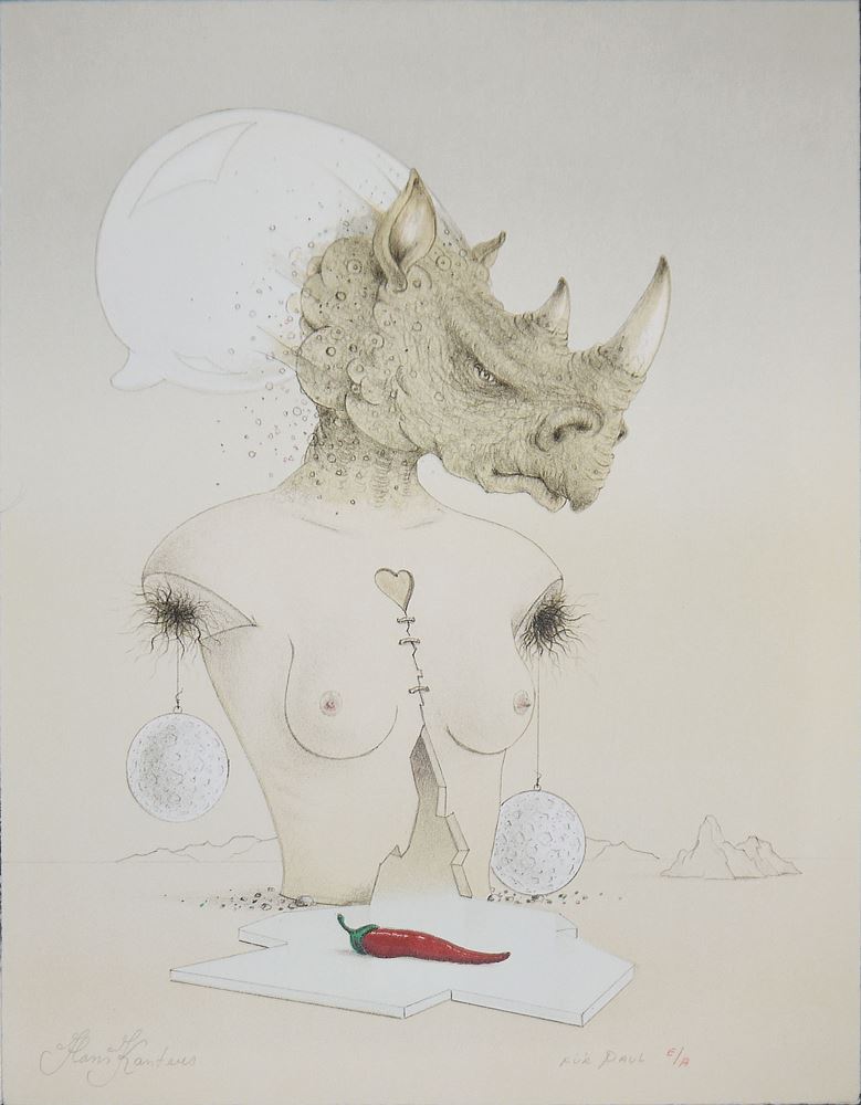 0224-Hans Kanters, Mischwesen - Frauenakt mit Nashornkopf, 2 signierte Farblithographien – Bild 2